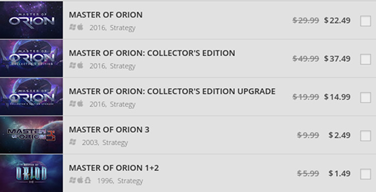 Pricing page for Master of Orion video game bundle